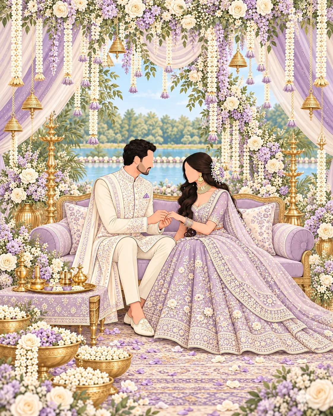 Illustration of a couple seated beneath abundant floral decorations